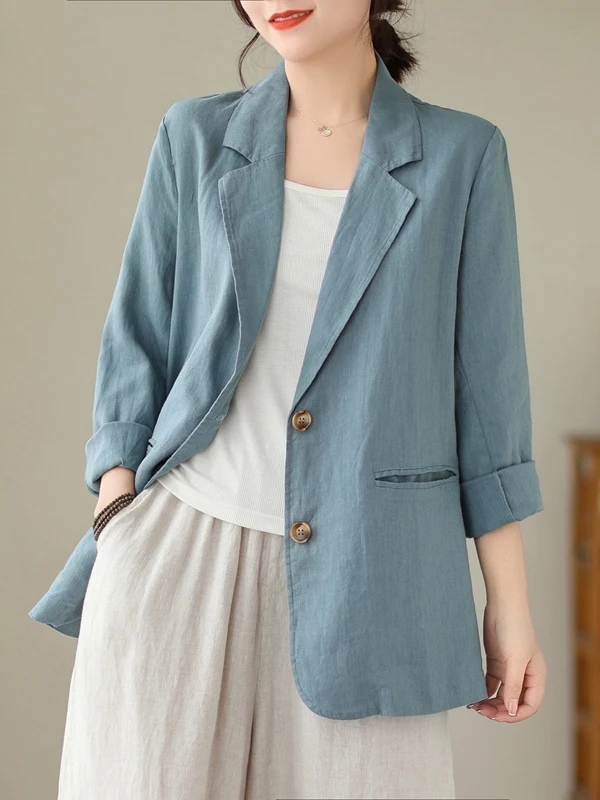 カジュアルな綿麻素材のロング丈レディースジャケット、大きいサイズ、ボタン留めコート、芸術的なスタイル、梨型体型に適した秋の着用に。