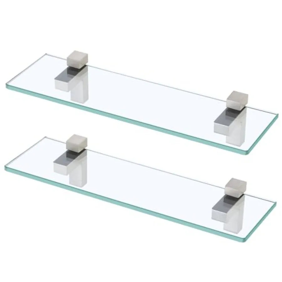

Floating Bathroom Wall Shelf 16 Inch Rectangular Tempered Glass with Brushed Nickel Bracket 2 Pack Silver Finish Durable and Mo