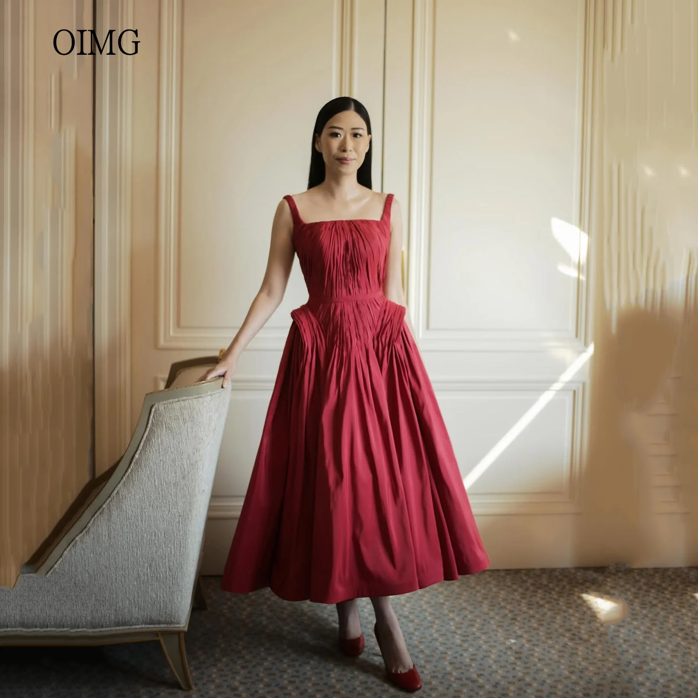 

OIMG Red Wide Strap A Line Prom Gowns Square Neck Pleated Party Gown Ankle Length Evening Dress vestidos de festa Customized