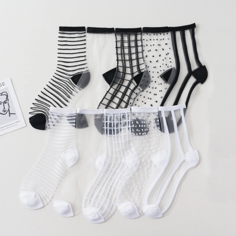 

5Pairs Women Ladies Socks Fashion Mesh Glass Silk Socks Ultrathin Transparent Crystal Lace Fabulous Elastic Summer Ankle