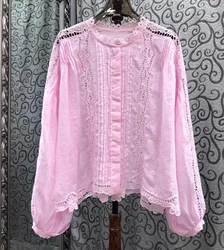 Tops Fashion New Linen Blouses 2025 Spring Summer White Pink Tops Women Hollow Out Embroidery Long Sleeve Sexy Loose Blouses XL