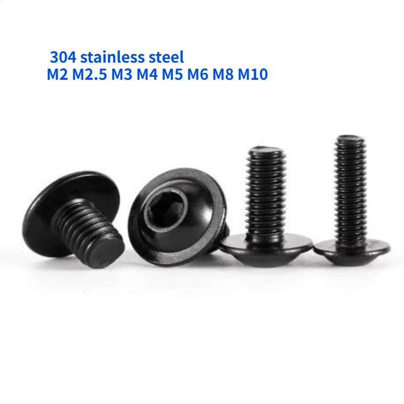 Black 304 Stainless Steel Pad Hexagon Socket Screw M2 M2.5 M3 M4 M5 M6 M8 M10 Flange Face Round Head Hexagon Socket Bolt