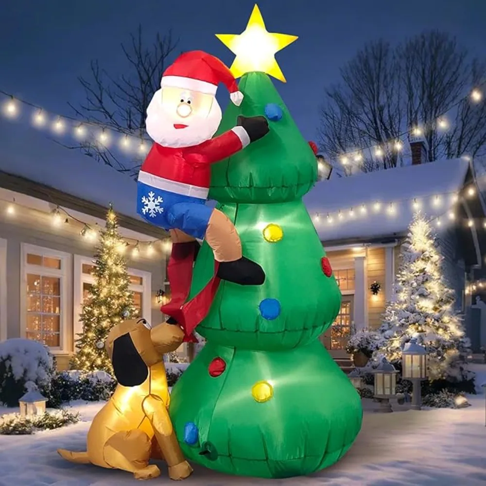 6FT Christmas Inflatables Santa Climbing Trees with Candy Cane Xmas Stocking Outdoor Decorations, Build in LEDs Tethers Stakes