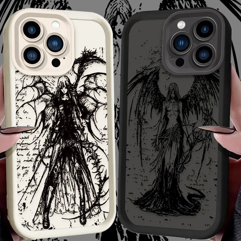 Soft Liquid Silicone Phone Case for iPhone 15 14 13 12 11 Pro Max XS X XR 8 7 6S 6 Plus SE 2020 Luxury Punk Black Angel Cover