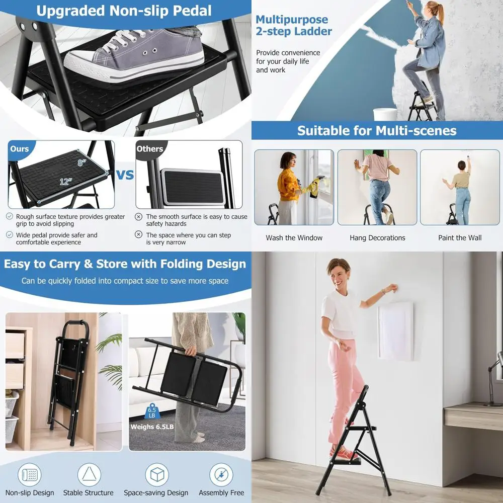 

Nightcore 2 Step Ladder, Folding Step Stool w/Padded Handgrip & Wide Anti-Slip Pedal, Lightweight Portable Metal Tool Ladder, 33
