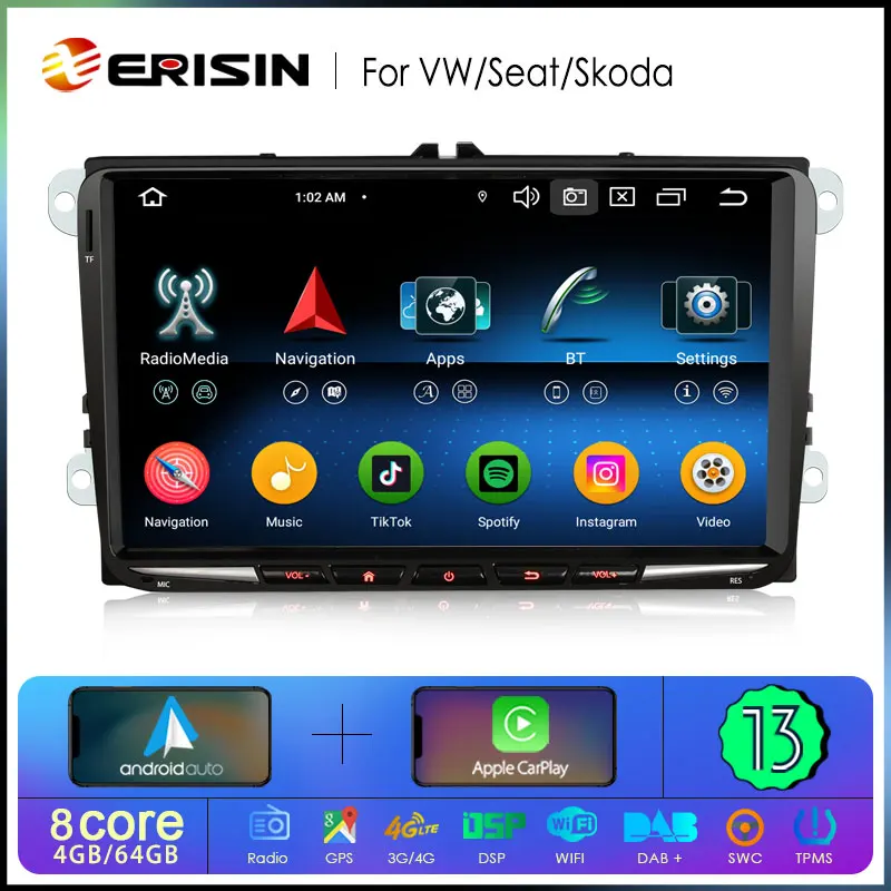 Erisin ES6791V Android 13 Car Stereo For VW Sharan Golf Seat Altea Skoda Fabia GPS Navi CarPlay Auto Radio DSP 4G LTE BT5.0 HiFi