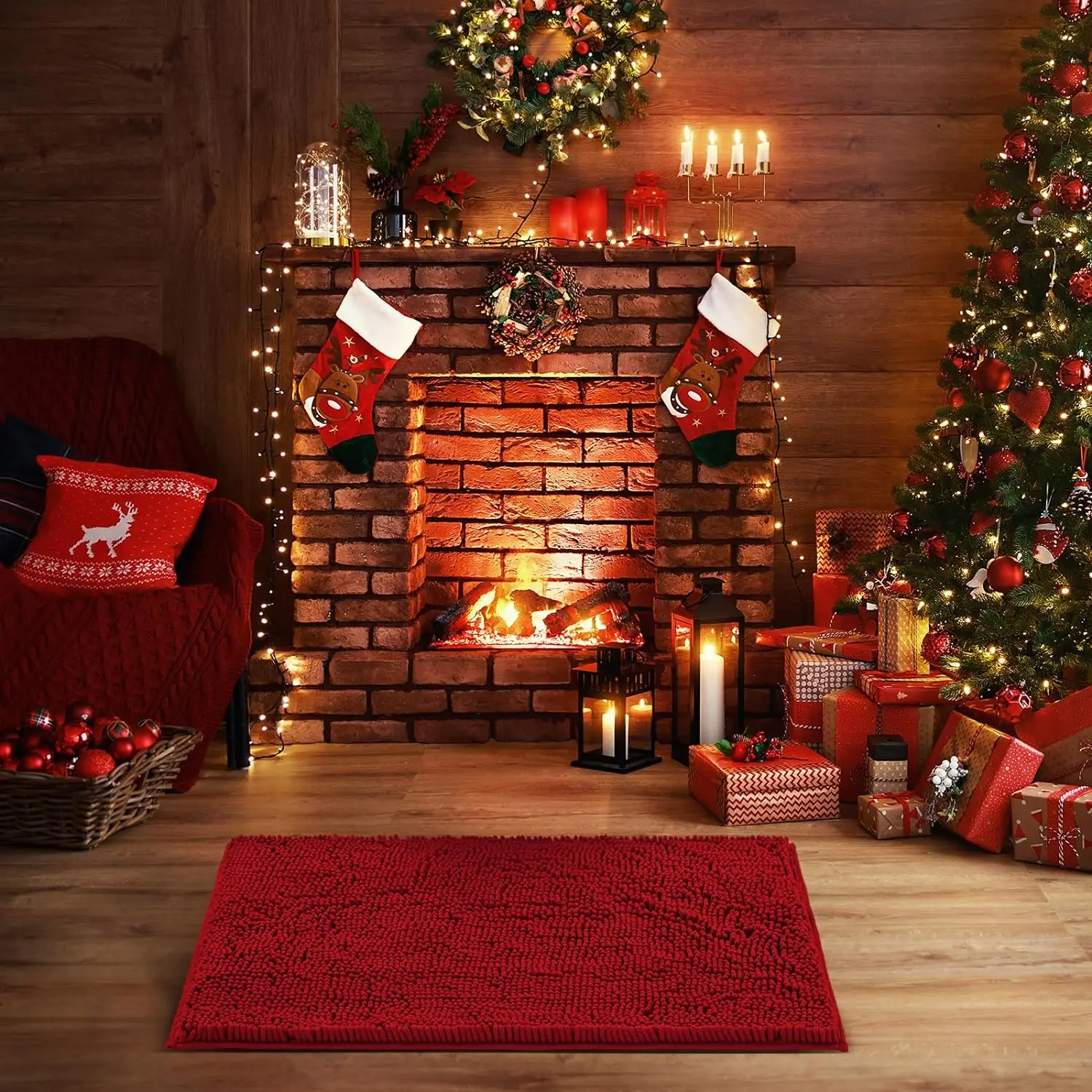 Christmas Soft Fluffy Chenille Red Carpet, Non-Slip Absorbent Bath Mat In Bathroom, Floor Mat At The Entrance Of The Living Room