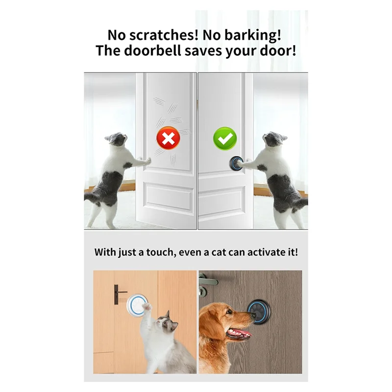 جرس باب لاسلكي ذكي للقطط والكلاب نطاق 300 متر 60 أغنية حجم عالي مقاوم للماء جرس تدريب منزلي ذكي قابس أمريكي