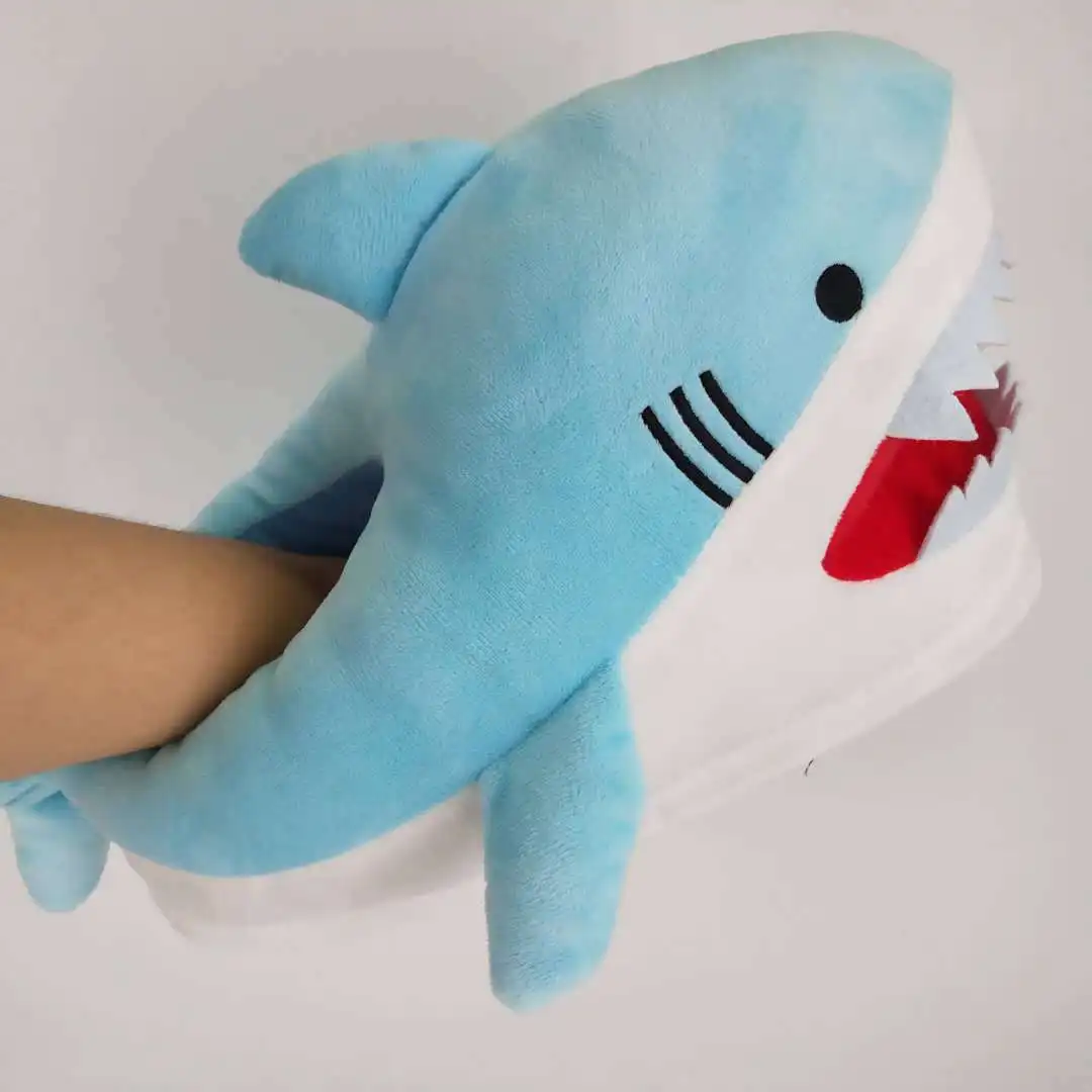 Feerldi girls boys shark winter slipper woman cartoon anime slip on shark slides female shoe open mouth fish cotton shoes