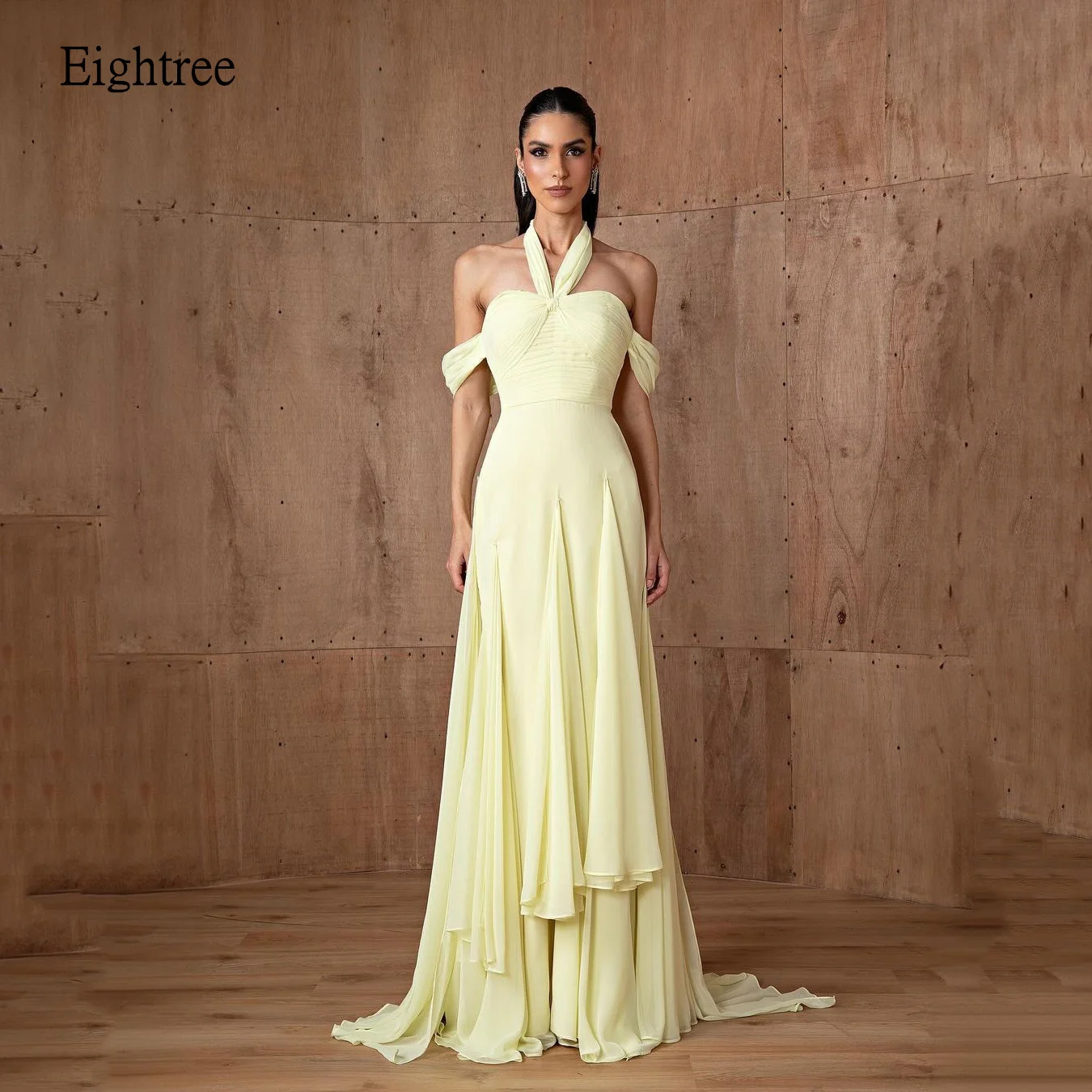 

Eightree Light Yellow Beach Prom Dresses Off The Shoulder Party Gowns Neck Strap Formal Occasion Dress Gown Customized