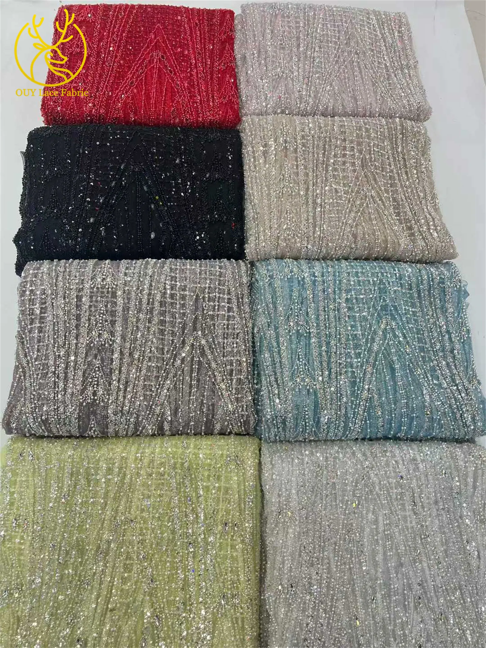 African Luxury Hand-Beaded Stone Lace Fabric 2026 High-Quality Nigerian Sequin Tulle Lace Fabric Wedding Gown & Evening Dress