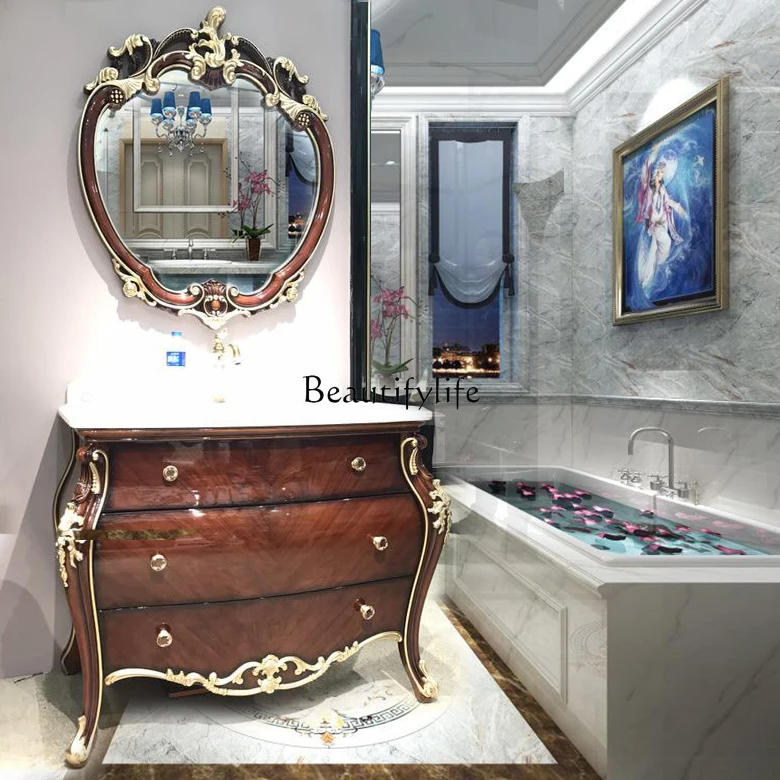 

Light luxury European bathroom cabinet, oak washbasin combination washbasin, washbasin arc