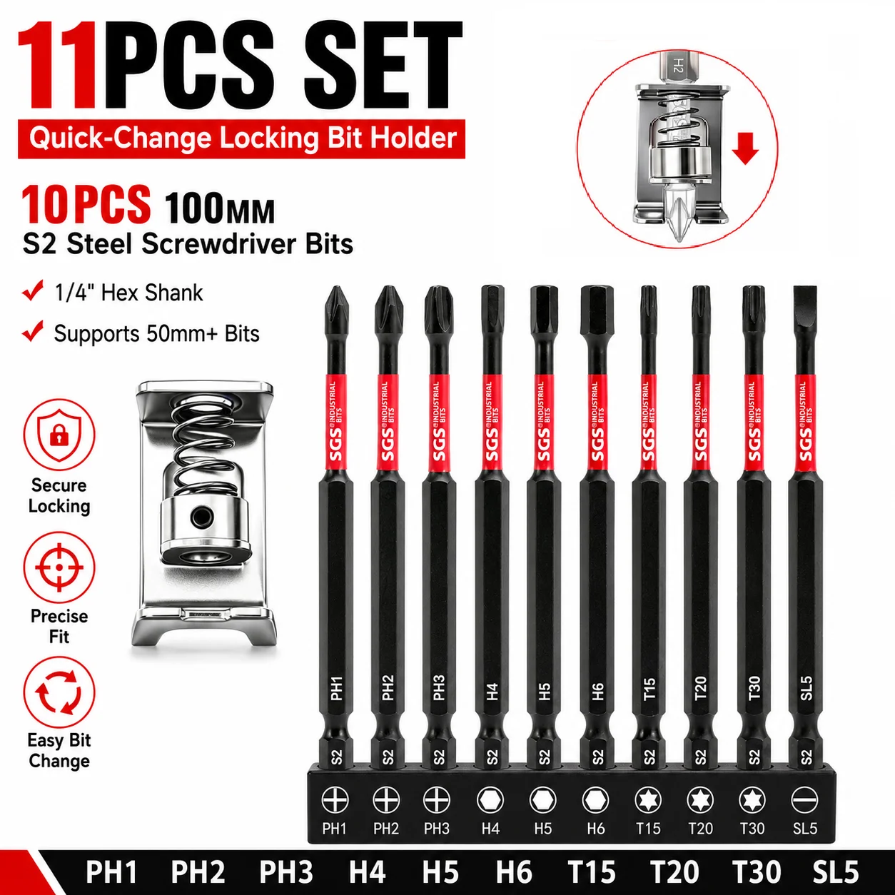 11-Piece Quick-Change Locking Bit Holder Set, 10 Pieces of 100mm S2 Steel Long Bits, 1/4 Hex Shank Anti-Slip Locking Device, Ph/H/Torx/Sl Multi-Specification Electric Drill Bit Accessories