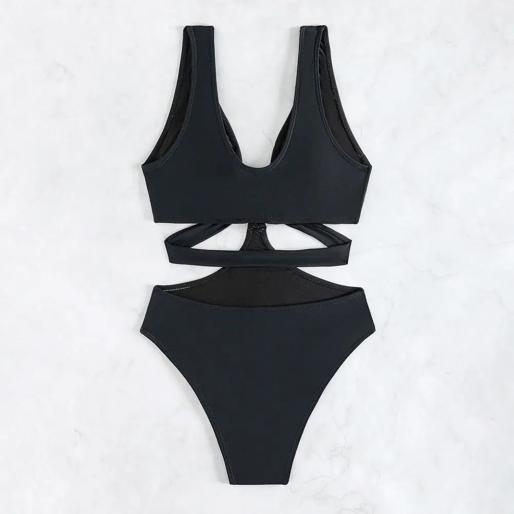 Bikini Sexy in tinta unita elegante collezione di costumi da bagno interi con scollo a v con anello in ferro che dettaglia Monokini Sexy a vita alta per la spiaggia