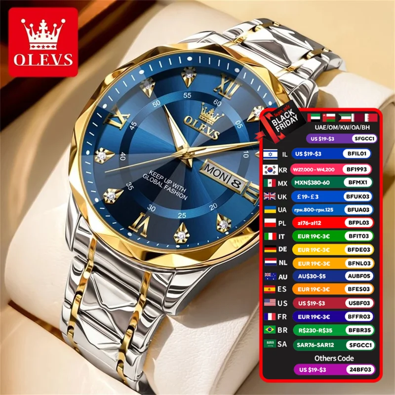 OLEVS Watch Men Diamond Business Dress Analog Quartz Stainless Steel Waterproof Luminous Date Two Tone Luxury Casual Wrist Watch