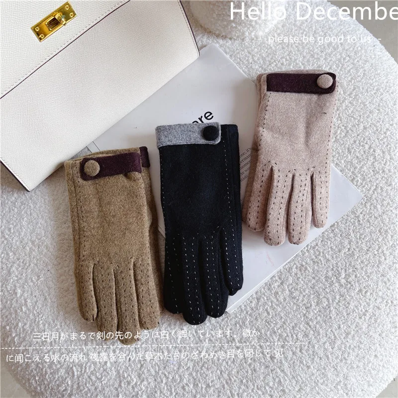 Gloves Women Wool Button Fleece Lined Touch Screen Winter Cycling Windproof Warm One Size