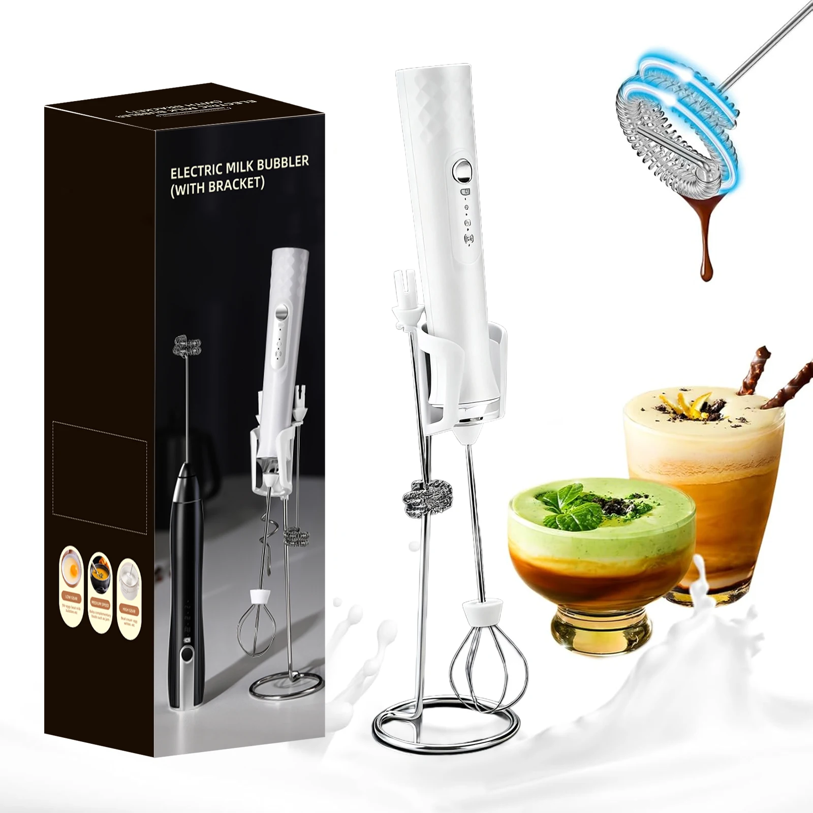 ONEKA-Kit de iniciación de Espumador de leche recargable, máquina de espuma de café eléctrica de mano, mezclador de bebidas, Espumador para Lattes, capuchino, regalo