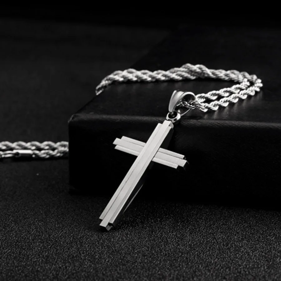 Hiphop Rock Cross Necklace Men Stainless Steel Box Twisty Chain 50cm Long Pendant Punk Necklace Cool Boyfriend Gift Erkek Kolye