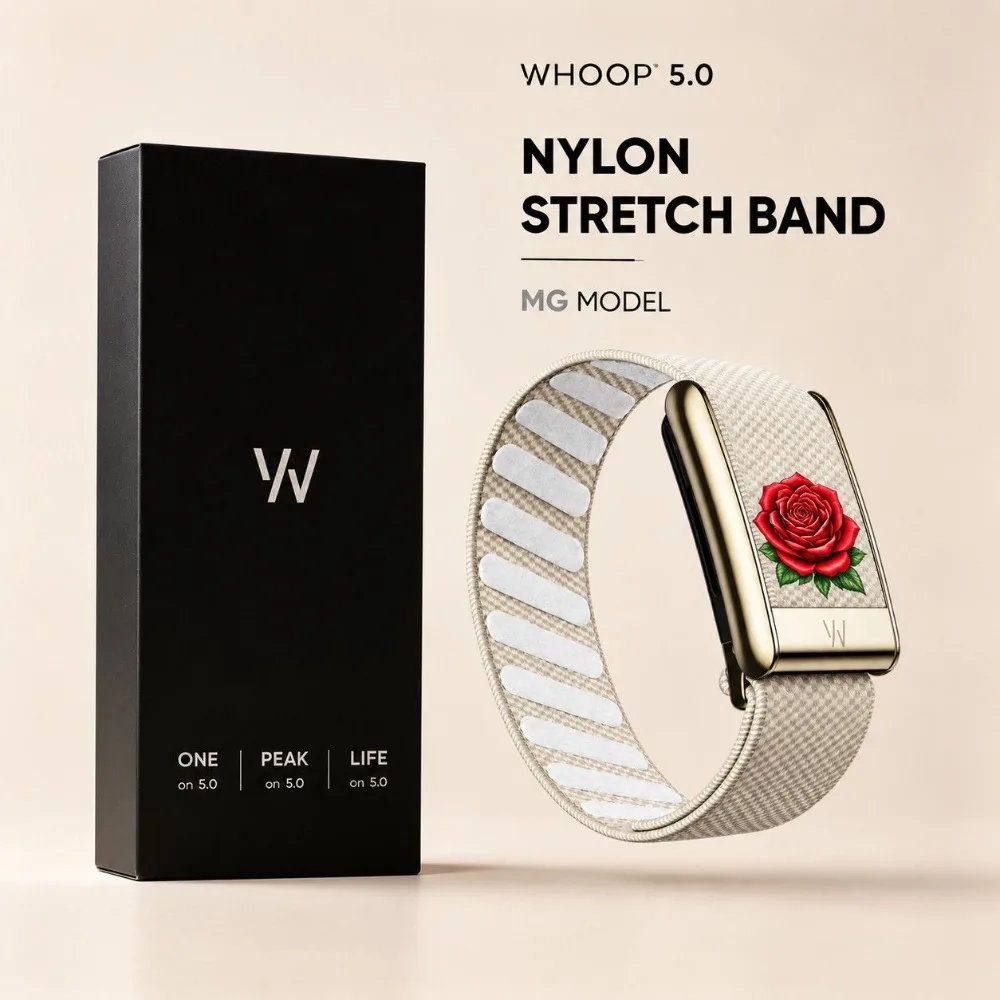 Compatible with WHOOP 5.0 MG Red Rose Pattern Stretch Nylon Woven Replacement Wristband Metal Sport Band