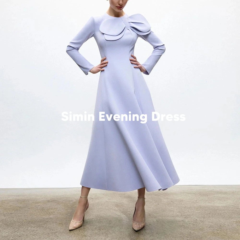 

Simin Customized Women's O-neck Bow A Line Saudi Evening Dresses With Long Sleeves Tea-Length Formal Elegant Dresses 2025