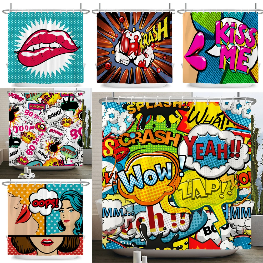 

Comic Style Shower Curtain Humor Speech Bubbles Funny Vivid Cartoon Bang Boom Pop Art Illustarion Design Decor Bathroom Curtains