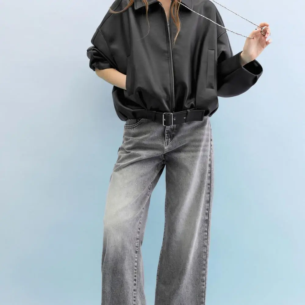 Women Faux Leather Pilot Jacket Spring Retro Long Coat Casual Loose Fit Zipper Commuter Style Fashion Outerwear