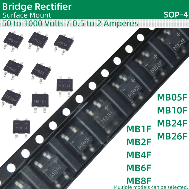 50pcs/lot Bridge Rectifier SOP-4 package MB05F MB1F MB2F MB4F MB6F MB8F MB10F MB24F MB26F 50 to 1000 Volts / 0.5 to 2 Amperes