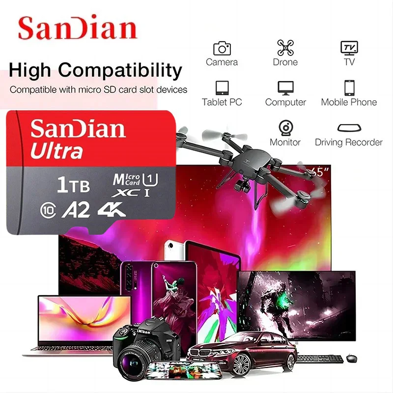 بطاقة Sandian ذات سعة حقيقية MicroTF SD 512 جيجابايت 256 جيجابايت بطاقة ذاكرة عالية السرعة Cartao De Memoria 1/2 تيرا بايت للهواتف الذكية نينتندو سويتش