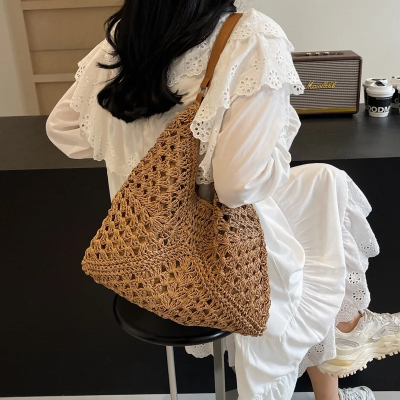 Casual Hollow Straw Women Shoulder Bags Handmade Woven Large Capacity Tote Bag Summer Beach Handbags