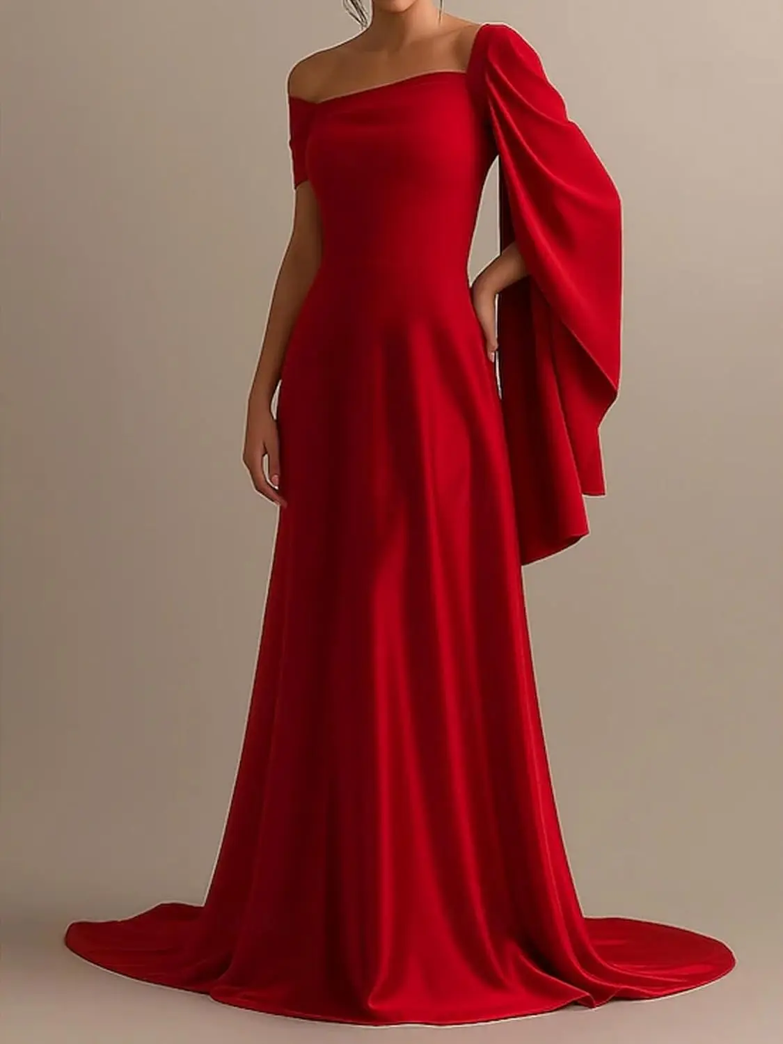 

A-Line Elegant Satin Off Shoulder Wedding Guest 3/4 Length Sleeve Floor Length Formal Ruffles Long Evening Dresses
