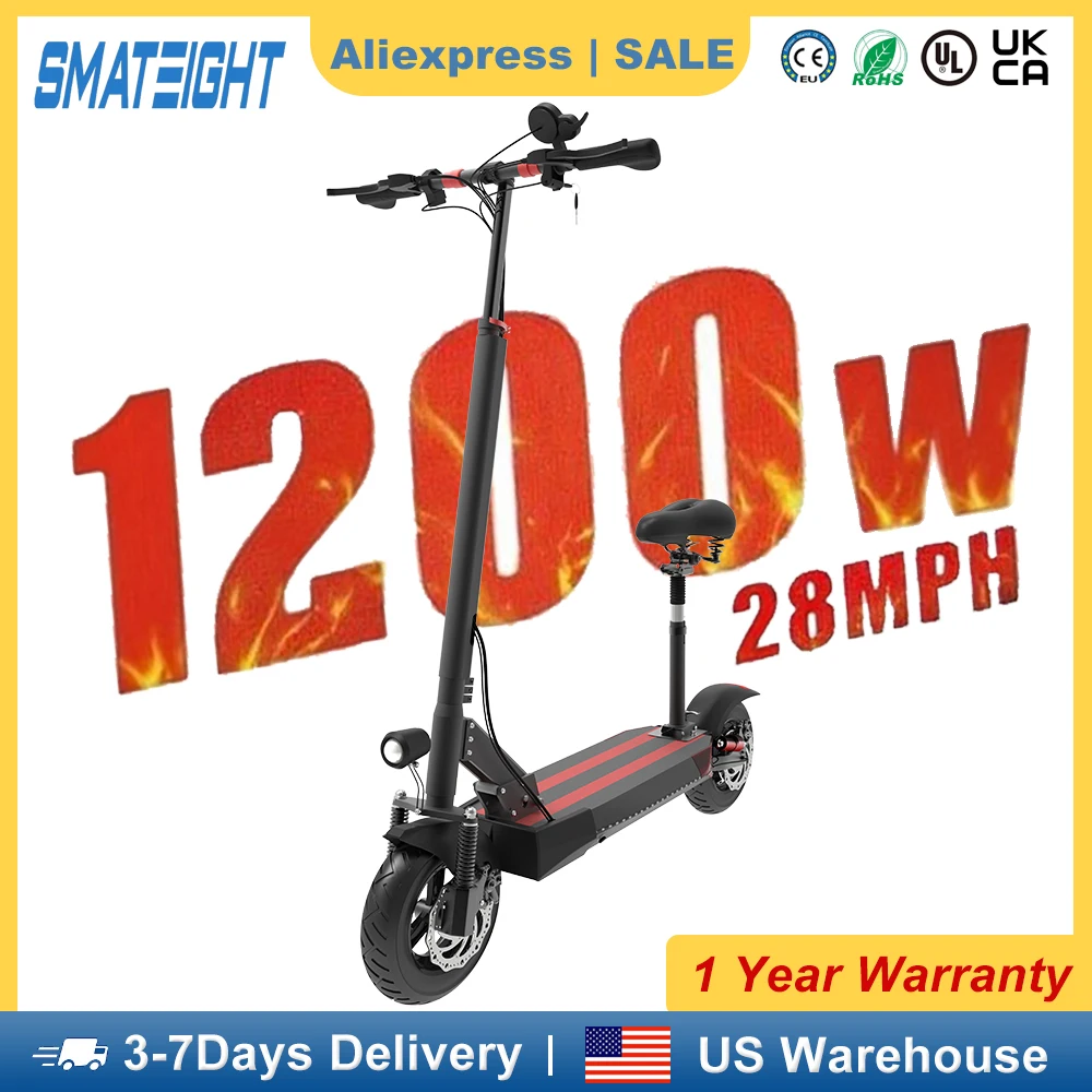 

Электрический самокат для взрослых мощностью 1200 Вт, максимальная скорость, 28 миль в час, с литиевой батареей 13 Ач, складной пригородный электронный самокат, 10-дюймовая уличная шина