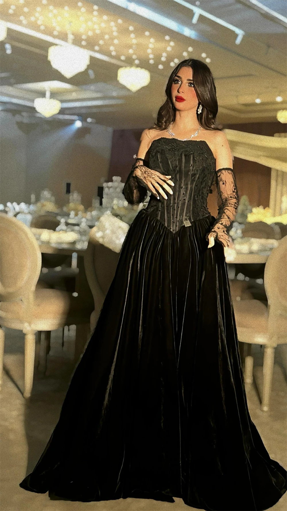 فستان Sansa مخصص أسود على شكل حرف a مزين بالترتر للحفلات الراقصة بدون حمالات دانتيل فيستدوس دي نوش طول الأرض سهرة رسمية 2025 #2
