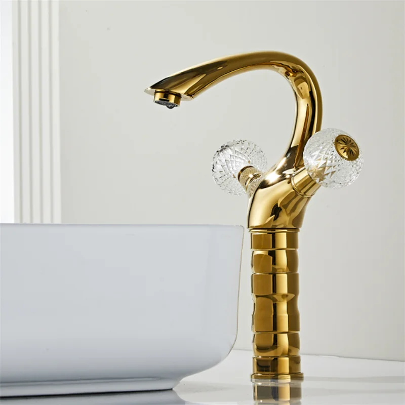 Gold Tall Bathroom Faucet Brass Bathroom Basin Faucet Cold And Hot Water Mixer Sink Tap Double Handle Deck Mounted  Lavotory Tap