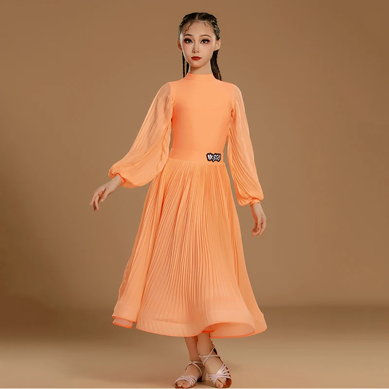 فساتين رقص الفالس التانغو الاحترافية للأطفال البنات فستان رقص لاتيني برتقالي أداء ملابس الرقص الحديثة #2