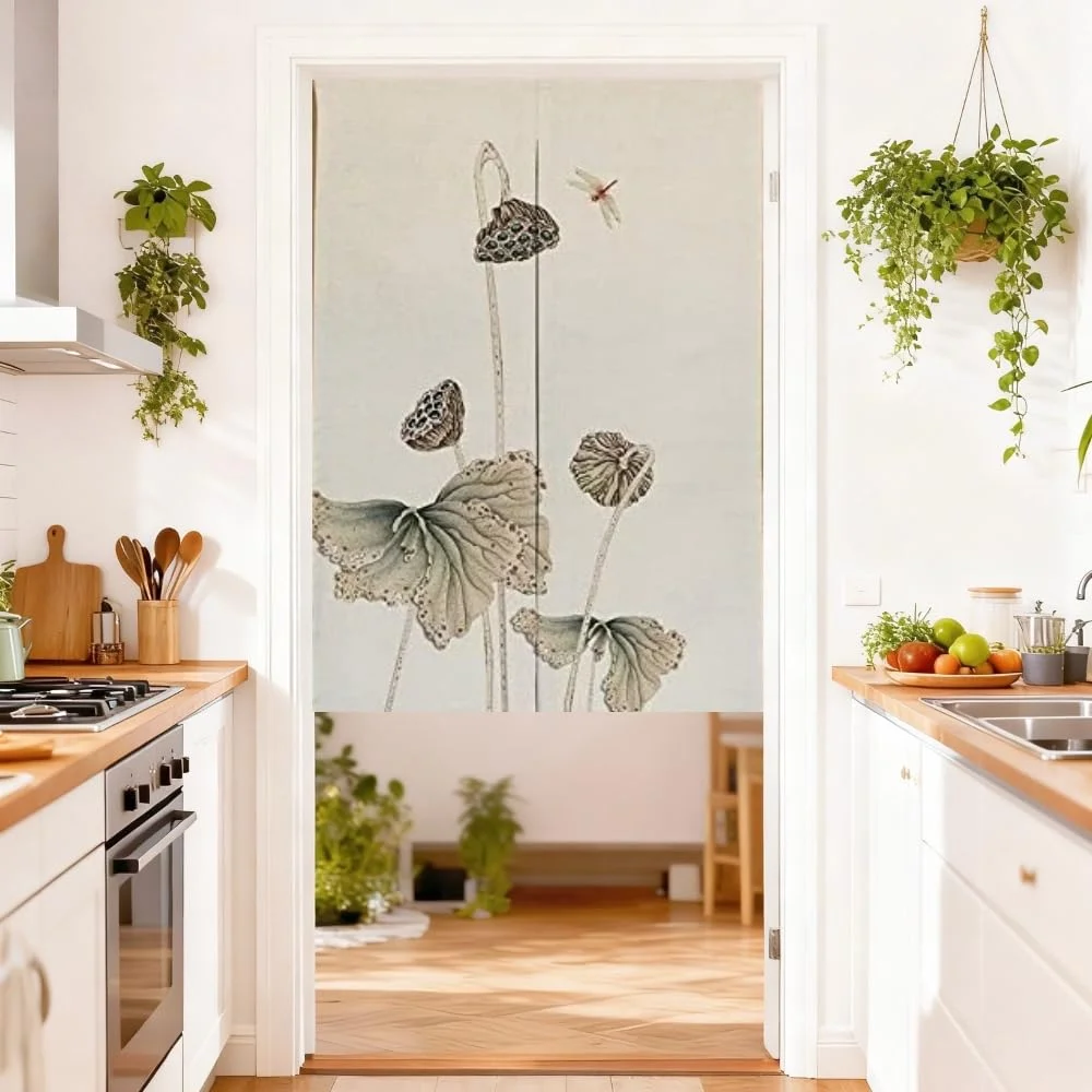 VIKAMA Nine Fish & Lotus Chinese Door Curtain Traditional Light-Blocking New Chinese Partition Curtain for Entryway Bathroom