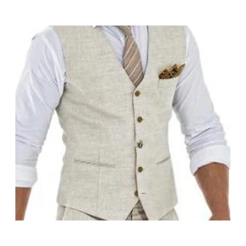 Summer Linen Beige Men\'s Suits Vest Only1 Piece Single Breasted Casual Daily Outfits Luxury Slim Waistcoat Beach Wedding Wear