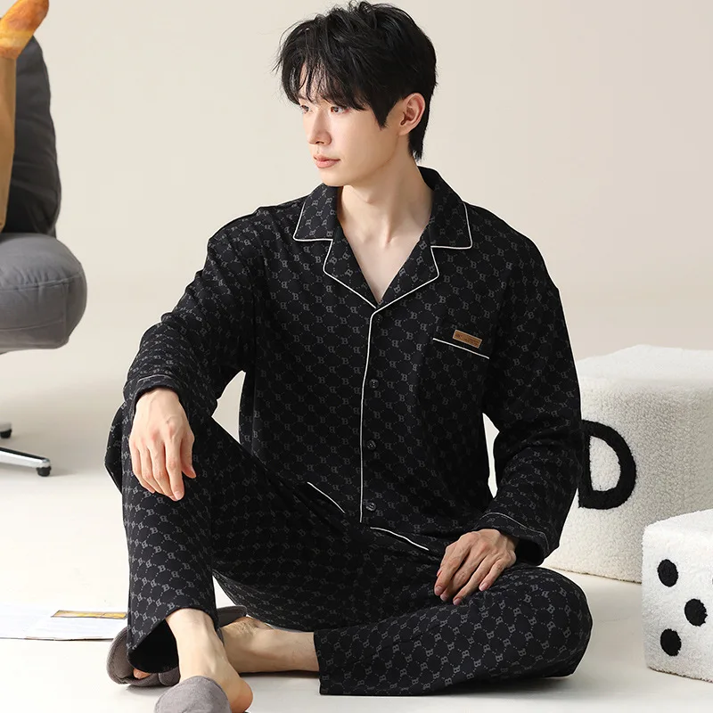 بيجامة للرجال ملابس نوم للخريف من القطن مقاس كبير غير رسمي بأكمام طويلة بدلات صيفية وشتوية #2