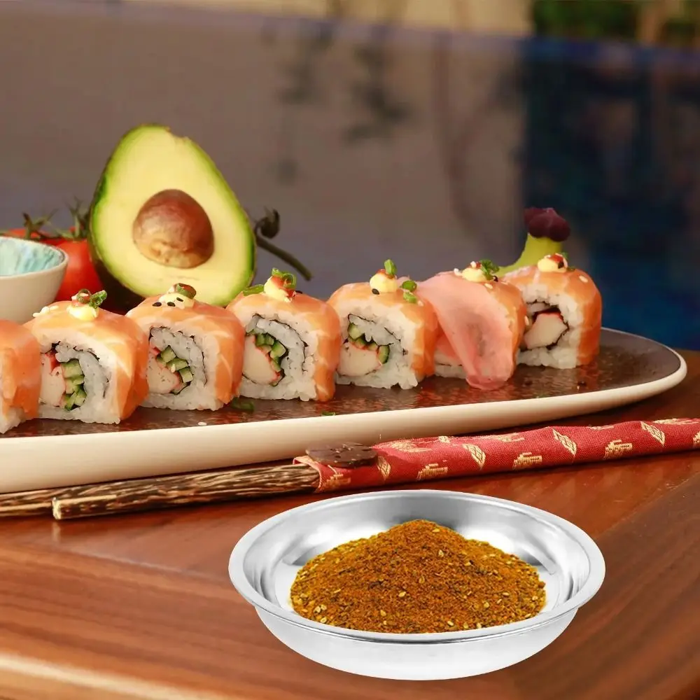 

Durable Stainless Steel Food Snacks Seasoning Dishes Silver Round Small Sauce Dish Mini Appetizer Condiment Tray Vinegar