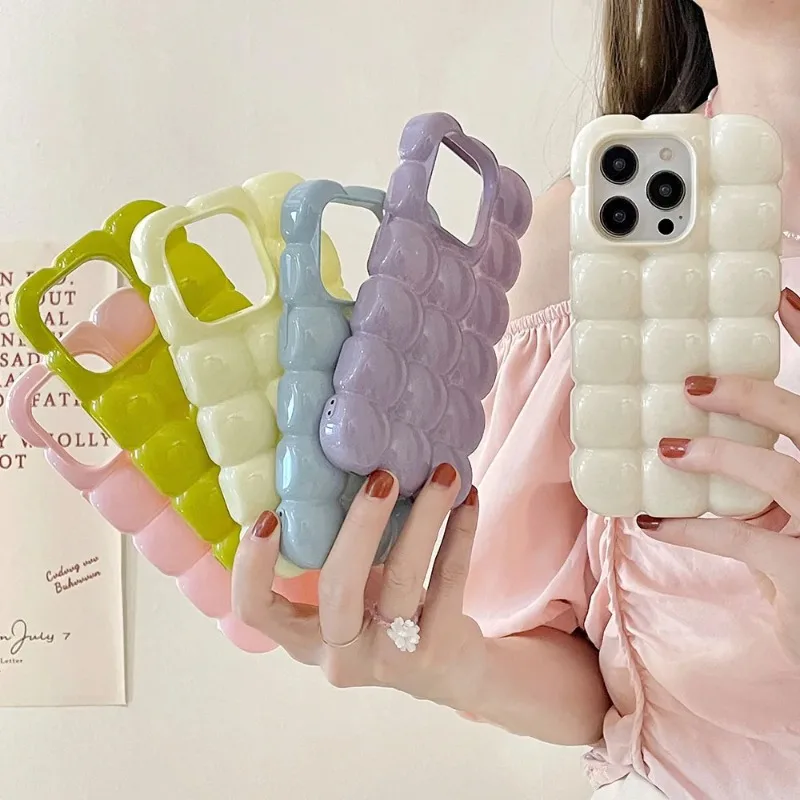 

Милый корейский чехол с 3D решетчатыми складками для яиц для IPhone 16, 15, 14, 13, 12, 11 Pro Max, милый однотонный противоударный чехол для телефона Candy