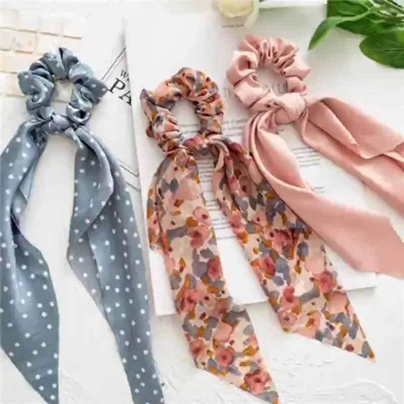 Fashion Floral Print Scrunchies Solid Color Hair ribbon For Women Ponytail scarf Satin Silk Elastic Hair Bands Hair Accessories