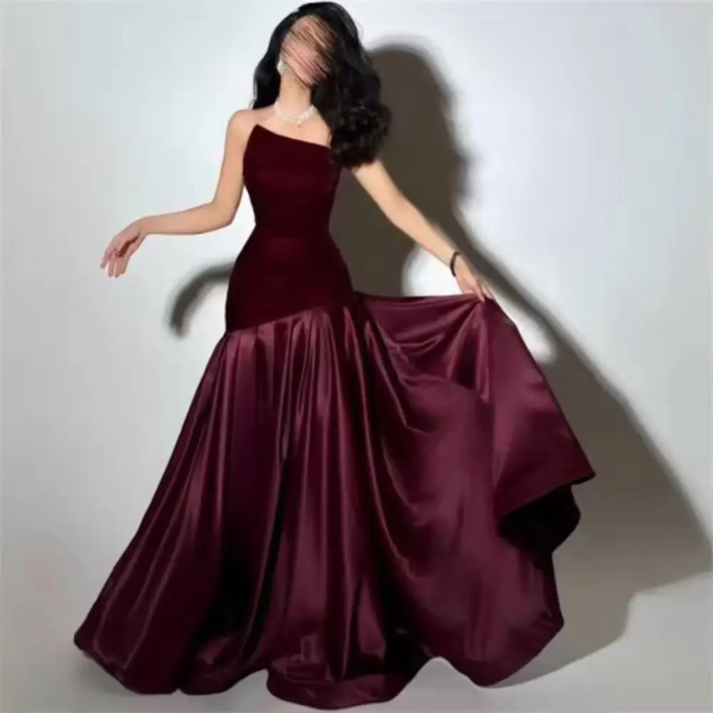 

Burgundy Satin Evening Dress Strapless A Line Formal Saudi Arabic Prom Party Dress Elegant Family Prom Gown Customized