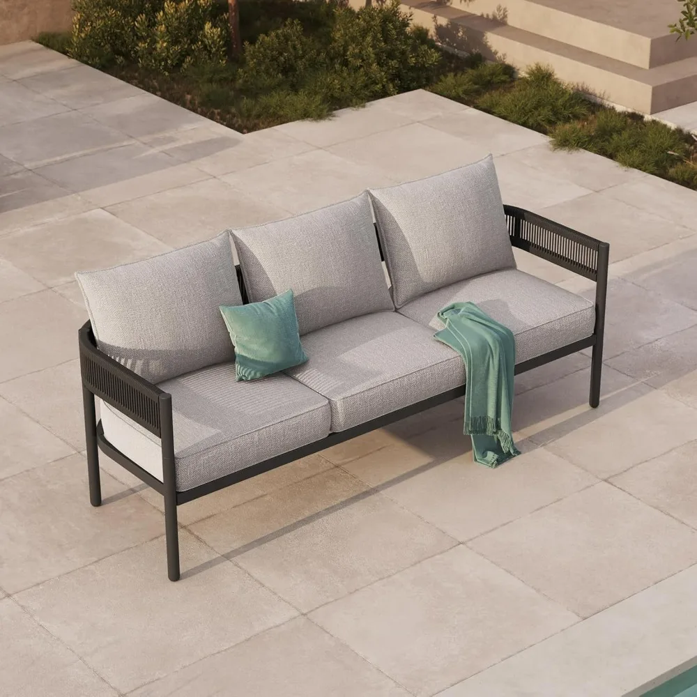 

Gand Patio Outdoor 3-Seat Couch Sofa, Wicker Conversation Set with Thick Cushion for Porch, Garden, Yard, Beige