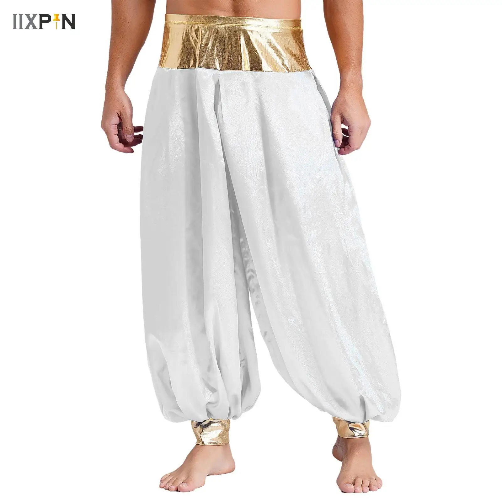 

Mens Magical Hippie Harem Pants Metallic Patchwork Lantern Long Pants Arabian Prince Costume for Fairytales Halloween Cosplay
