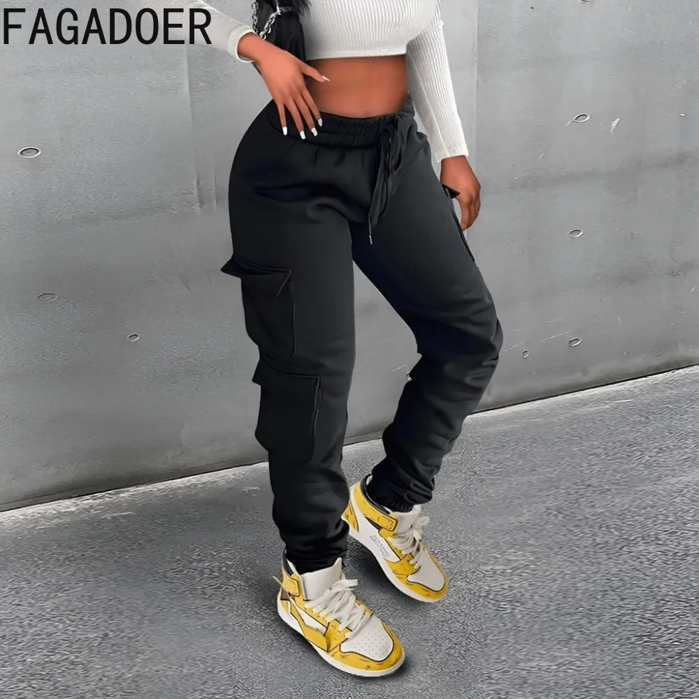 

FAGADOER Autumn Winter Casual Solid Color Sweatpants Women High Waist Drawstring Jogger Pants Female Pocket Matching Bottom 2023