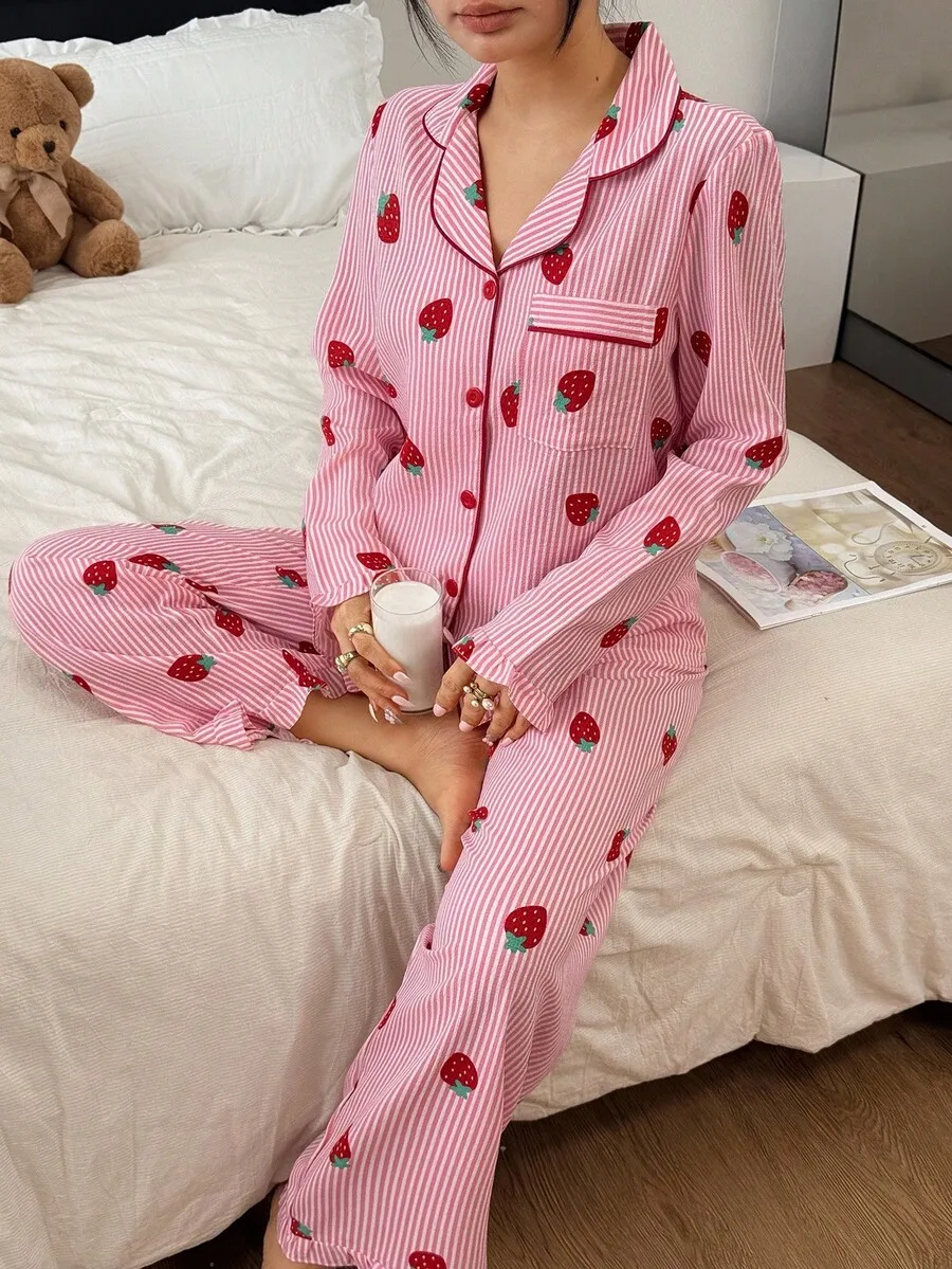

Striped Strawberry Print Women Pajama Set With Turn-Down Collar Long Sleeve Full Length