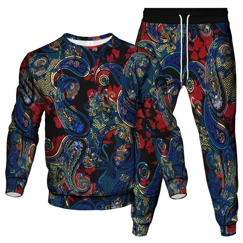 Fashion Cashew Flower 3D Print Men Sportswear Set Casual Long-Sleeved T Shirt Pants 2-Piece Set Oversized Pullover Men Clothing