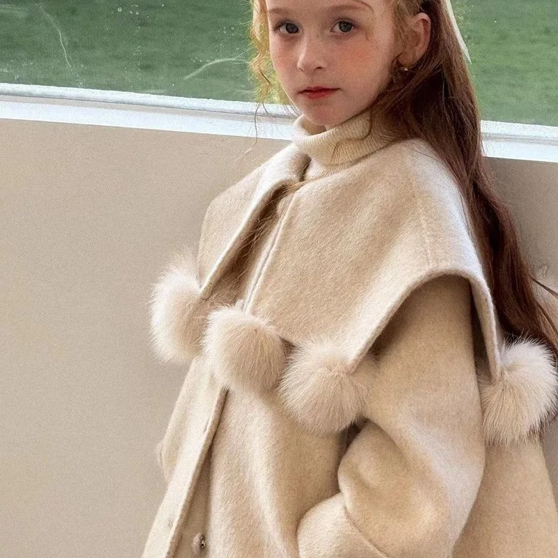 New stylish and warm, loose-fitting, and sweet-looking wool coat for girls, perfect for autumn and winter