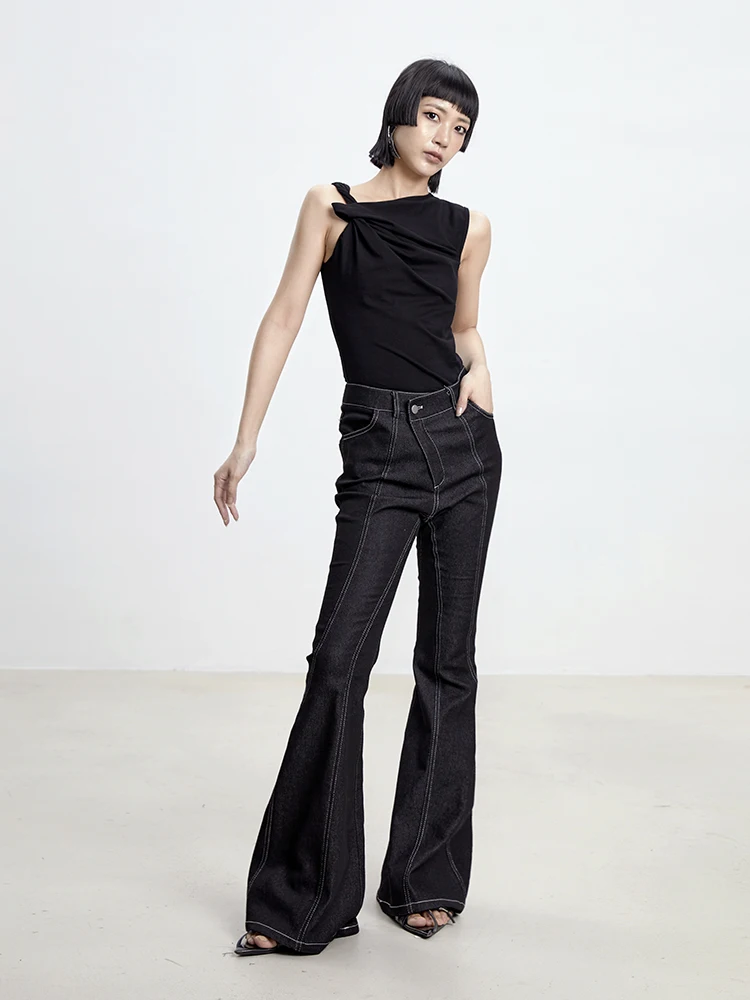 

Джинсы-клеш TINY с высокой талией, оригинальный дизайн, женские, с лоскутным шитьем, стройнящие, универсальные, из денима