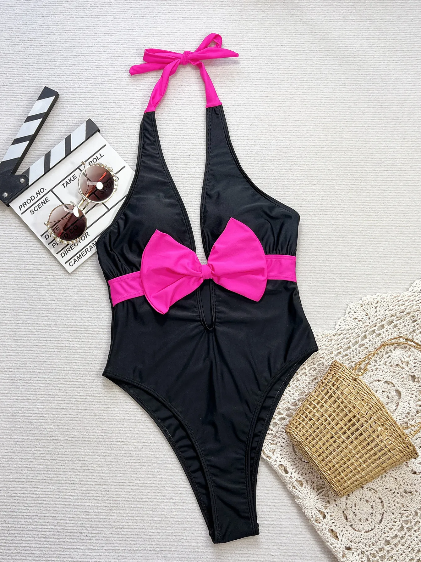 

sexy rose red bow deep v-neck swimsuits one piece hollow out halter bikini bodysuits Swimwear Biquini conjunto de bikini tankini