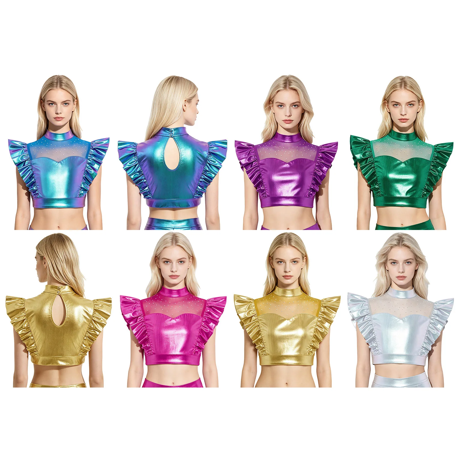 Womens Metallic Tank Tops Mesh Patchwork Rhinestone Adorned Shiny Ruffle Crop Tops Press Buttons Keyhole Back Dance Shirt